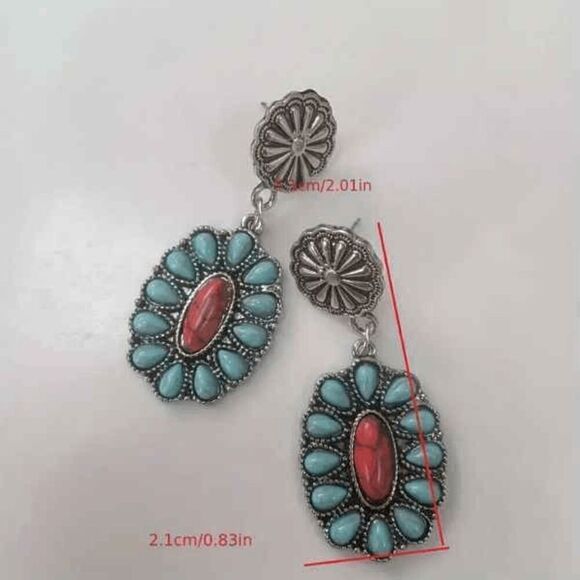 Western Boho Concho Turquoise Concho Santa Fe Style Dangle Earrings - Picture 4 of 4
